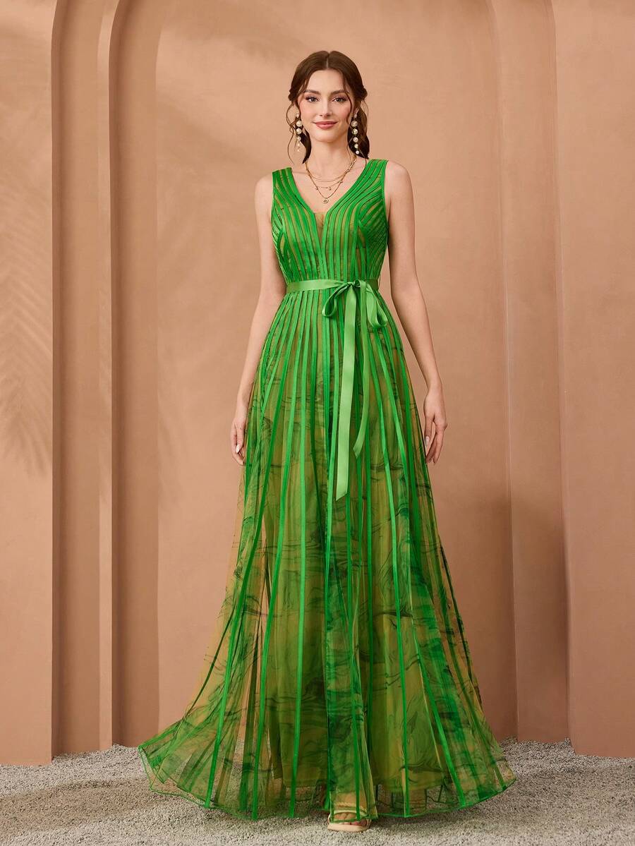 Mgiacy、新品、V领、无袖、印花网眼、领带、大摆、高端晚礼服 - 綠色 - 查看 1