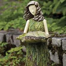 [Rustic Fairy] Green Vintage Rustic Forest Fairy Girl Bird Feeder Outdoor Garden Statue, Resin Craft, Lawn Ornament, 15cm, Woodland Decor - Multicolor - View 2