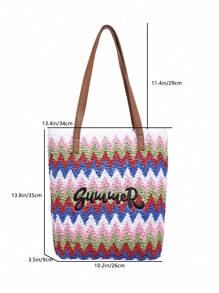 New Straw Woven Bag Women Large Capacity Shopping Tote Bag Striped Letter Beach Bag Embroidery Vacation Lightweight Oversized Bag