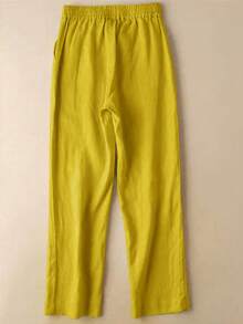 Comfortable Women's Casual Straight Leg Pants With Pleated Waist And Decorative Drawstring, Mid-Length - Yellow - View 3