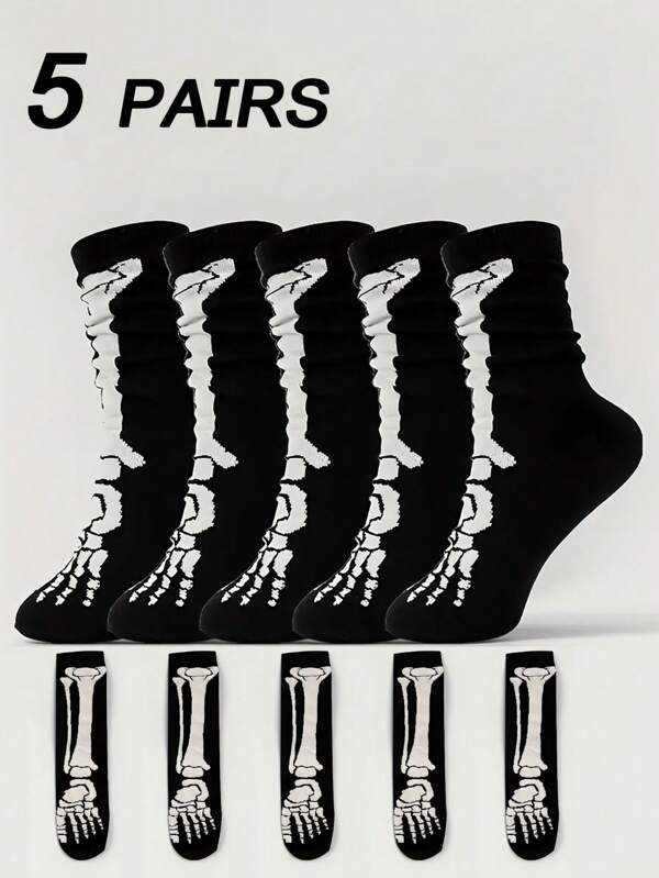 5 pares de calcetines casuales de mujer para otoño/invierno con diseño de impresión de esqueleto de dibujos animados, calcetines de tripulación transpirables y unisex para comercio transfronterizo