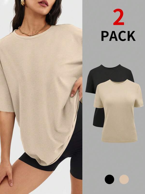 2pcs Women's Casual Oversized Crew Neck Short Sleeve Basic T-Shirts, Summer Workout Tops