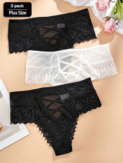 3 Pcs/Set Of Women's Plus Size Panties Lace Splicing Solid Color Hollow Cross Cross Large Size Thongs