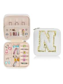 1pc Portable Travel Jewelry Box, Custom Lettered (A-Z) Organizer, Multi-Layer Jewelry Case With Mirror And Makeup Brush Holder, Suitable For Rings, Necklaces For Women Storage Organizer Travel Essentials Back To School Dormitory Storage
