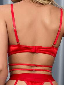 weiweihu 4-Piece Underwear Set  Snakeskin Print    Funny  Sexy Cos    Embroidery     4-Piece Set Of Mesh See-Through Underwear With Stockings   4-Piece Set Of Mesh See-Through Underwear With Stockings - Đỏ - Xem 4