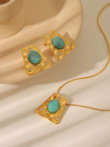 Juego de 3 piezas de collar colgante de acero inoxidable con baño de oro de 18 quilates, piedra de ojo de gato verde y forma geométrica de rombo, joyería de estilo europeo y americano de moda adecuada para regalo de mujer para fiesta y cumpleaños