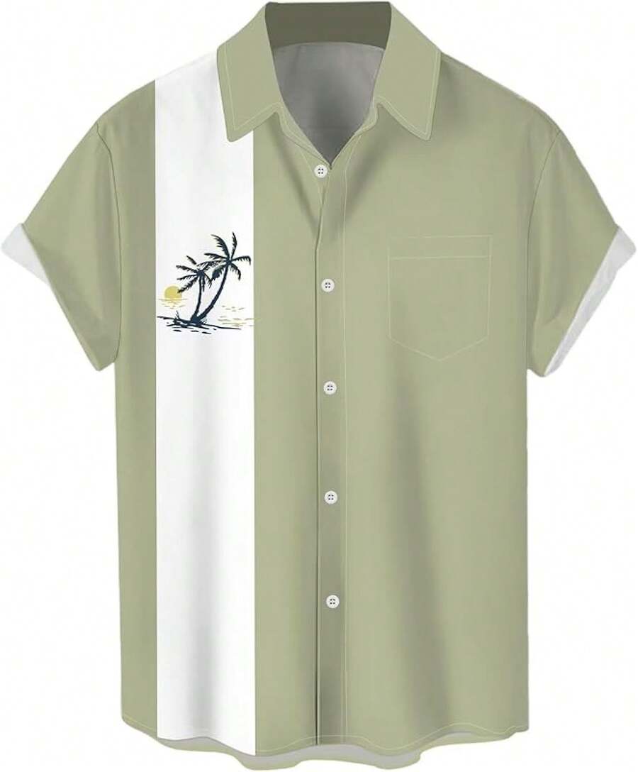 Men's Short Sleeve Button Up Hawaiian Shirt 1950s Vintage Bowling Shirts-20256688 - Hawaiian-melon Green - View 1