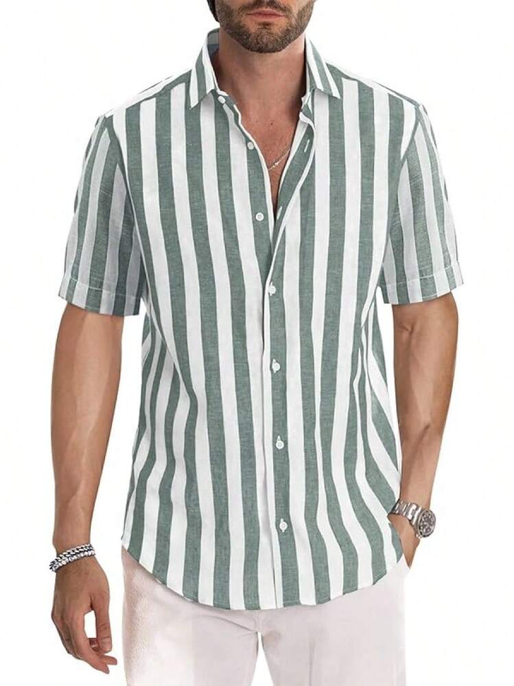 Men's Casual Stylish Short Sleeve Button-Up Striped Dress Shirts Cotton Beach Shirt-20256688 - Grey Green Stripe - View 1
