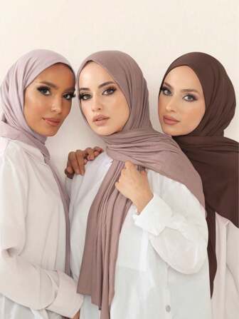 3 pièces Ensemble hijab en jersey, foulard long en couleur unie classique 170*60cm, ensemble de châle couvre-chef, convient pour le port quotidien décontracté, les sorties et les cadeaux