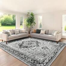 5x7 Vintage Area Rug For Living Room Bedroom, Machine Washable Non Slip Indoor Rug, Thin Throw Floral Low Pile Distressed Carpet For Office Nursery Dining Room Red/Blue, Modern Chic Design - Black/Grey - View 3