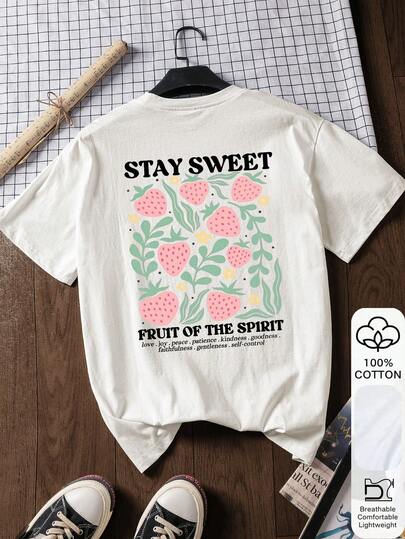 Summer Women's Loose T-Shirt, STAY SWEET&Strawberry Print, 100% Cotton,White Short-Sleeved Graphic T-Shirt