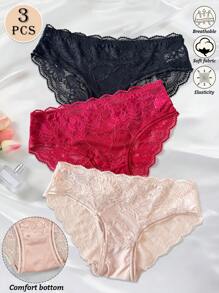 3pcs Sexy Lace Panties Seamless Low Waist Panty Lingerie For Women Floral Pattern Mesh Briefs With Silky Tactile Touch Basics Thin Fabric Knickers Soft Stretch Sexy Panties