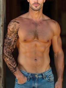 1 张超大全臂尺寸人体艺术临时纹身贴纸，适用于男士，花朵和马匹，尊贵的维京战士罗马领袖玫瑰图案，防水假袖纹身，持续 2-5 天，遮盖疤痕，可用于手臂手腕肩腿腰颈手胸部大腿手指，闺蜜情侣派对纹身 - 黑色 - 查看 3