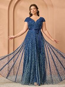 Mgiacy,New Arrival,V-Neck, Printed Mesh, Airplane Sleeves, Tie, Big Swing, Long Dress, High-End Evening Dress