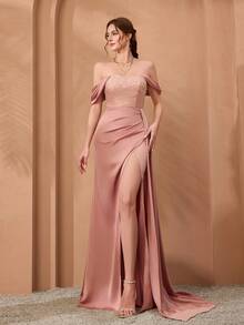 Mgiacy、新品、高领、刺绣、高端、晚礼服、飘逸两件套、高开叉、包臀、鱼尾下摆连衣裙、适合、晚宴 - 粉色 - 查看 1