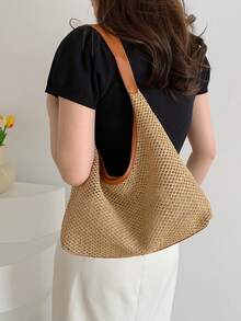 Túi Tote Đi Biển Dệt Màu Trơn Có Sức Chứa Lớn - màu nâu - Xem 6