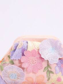 1pc Colorful Flower Applique Linen Bottom Mesh Embroidery Gathered Clutch, Shiny Formal Party Evening Handbag For Women, Suitable For Dresses, Casual And Holiday (Flower Pattern Random) - Pink - View 10
