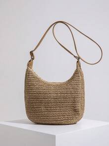 Túi xách đeo vai rơm thời trang cổ điển dung tích lớn cho kỳ nghỉ bãi biển - Màu Khaki - Xem 5