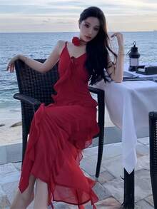 Romantic Date Spaghetti Strap V-Neck Backless Slit Bodycon With Asymmetrical Ruffle Trim Dress For Women Summer Beach Vacation Outfits Evening Party Robe - Red - View 9