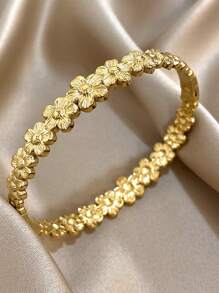 18K Gold Plated Stainless Steel Elegant Floral Bangle Set For Women - Vintage Carved & Cutout Flower Cuff Bracelets, Mom Gift, Teacher Gift, Summer Travel Beach Jewelry, Boho Jewelry, Rave/Prom/Party/Daily Accessories, Back To School Gift, Birthday Gift, Bridesmaid Gifts, Pride Accessories
