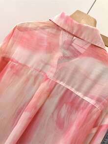 YUXIN 女士甜美扎染防晒衬衫，翻领长袖，休闲户外/度假装，宽松透气轻便衬衫式上衣，春夏款 - 粉色 - 查看 7