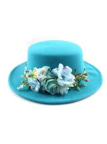1pc Fashion Women's Wide Brim Hat Lake Blue Floral Embroidery Elegant Sun Hat Wedding Holiday Mother's Day Gift Beach Sun Hat