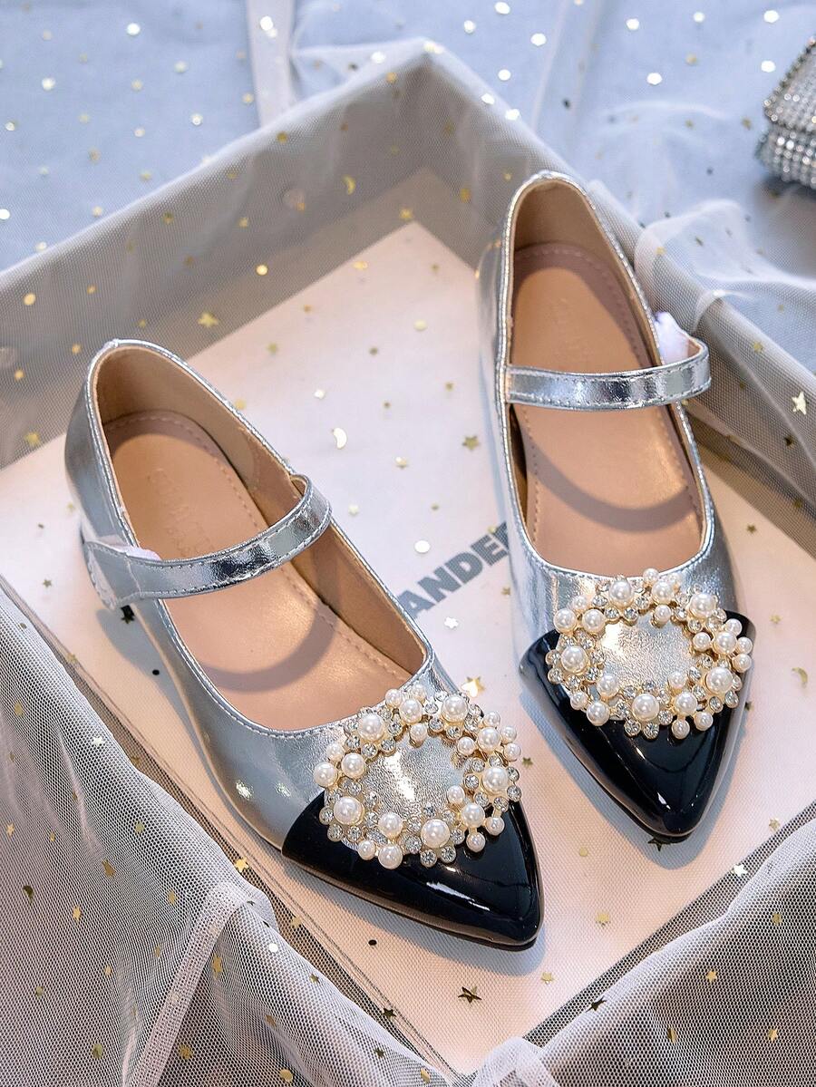 1 Pair Pointed Toe Block Heel Mary Jane Flats Suitable For Teens, All Seasons - Silver - View 1