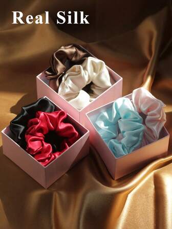 2 Pcs Handmade 3.5cm Wide Silk Crepe Satin Hair Scrunchies, Soft And Smooth With Texture, Suitable For Gift Giving,Hair Accessories,Scrunchy Hair Ties Ponytail