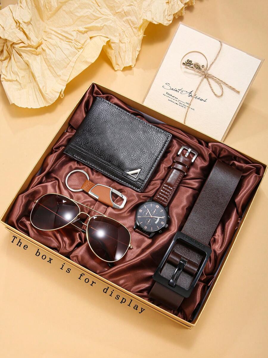6 件男士必备时尚手表礼品套装 + 太阳镜、钱包、皮带、钥匙扣、卡片、时尚奢华商务多功能套装、日常使用和节日派对、生日、周年纪念礼物、纯色 PU 皮革钱包、四季皆宜