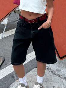 Summer Casual Daily Loose Fit Denim Bermuda Shorts, Black - 黑色 - 查看 1
