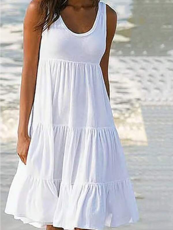 Women's Summer Casual U Neck Sundresses Pleated Knee Length Sleeveless Tank Dress