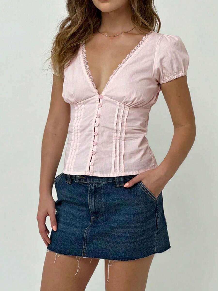 Women Y2k Lace Trim Button Down Shirt Top Fairycore Short Sleeve Lapel Collar Slim Fit T Shirts Crop Tops Summer Going Out Tops Blouses Vinatge Aesthetic Clothes Streetwear - 粉色 - 查看 1