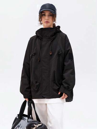 Jaqueta corta-vento feminina de outono, à prova d'água, leve, folgada, para atividades ao ar livre, manga comprida com capuz, roupas femininas de primavera