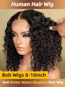 Peruca Bob Sem Cola de 12" Onda de Água com Densidade de 180%, Cabelo Natural com Frente de Laço 4*4 Pré-Arrancado e Descolorido, Tira Ajustável para Ajuste Seguro - Fácil para Iniciantes, Sem Necessidade de Cola, Adequada para Todas as Etnias