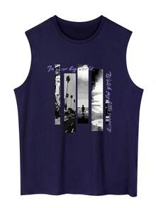 男士字母和心形印花休闲圆领背心 - 藏蓝色 - 查看 3