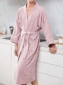 1pc Bathrobe, Unisex Adult Sleepwear, Suitable For Hotel, SPA, All Seasons, Absorbent & Quick Dry, Loose Fit, Multiple Colors, Minimalist Design, Bathroom & Home Essentials Summer Wedding Home Bathroom Decor Back To School - Multicolor - View 12