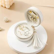 1pc Round Tassel Travel Mini Jewelry Box, Ring Earring Stud Organizer, PU Leather Zipper Jewelry Storage Box, Jewelry Counter Protection Display Box - Round - View 8