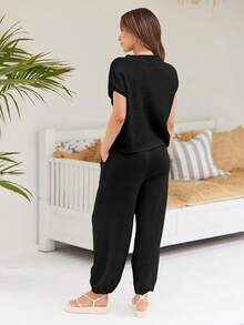 2 Piece Knit Sets Women Sweatsuit Sets - Black - View 5