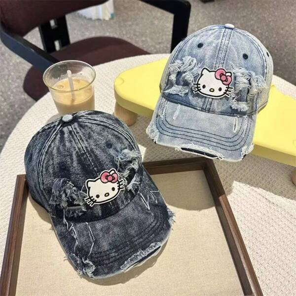 Sanrio Sanrio New Arrival Vintage Denim Distressed Cartoon KT Cat Baseball Cap, Korean Street Fashion Casual Sun Hat