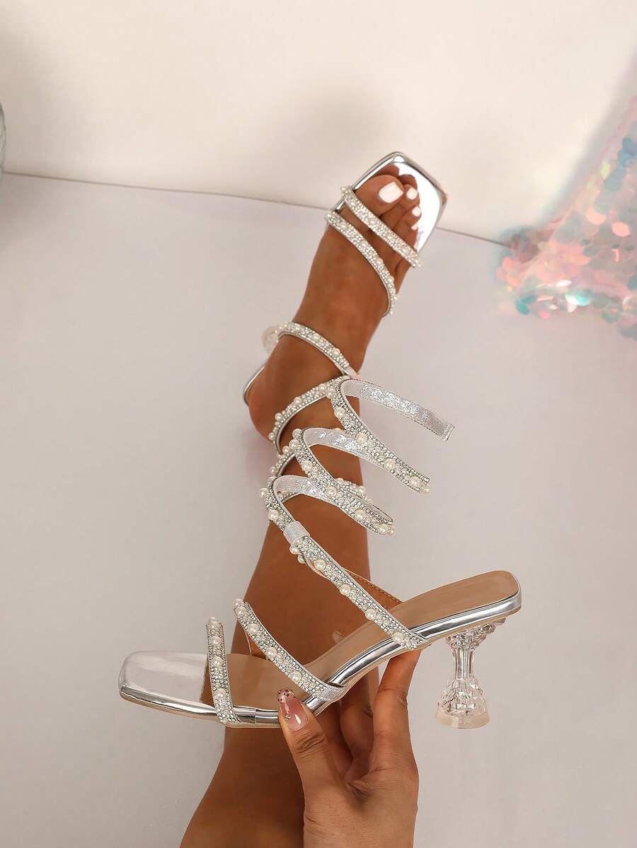Women High Heels, Sandals, Lace-Up High Heels, Sandals, Elegant Pointy Toe Sandals, Thin Strap High Heels, Pearl & Rhinestone Decor, Open Toe Sandals, Kitten Heels Sandals, Suitable For Party, Comfortable, Versatile, Easy To Wear And Handmake,Spring Summer Outfits - Silver - View 1