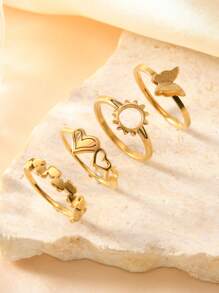 4/5 Teile modischer, einfacher Frauen-Edelstahl-Goldring-Set, geometrische Linienmuster, passend für den täglichen Gebrauch, Urlaub, Dating, als Geschenkschmuck
