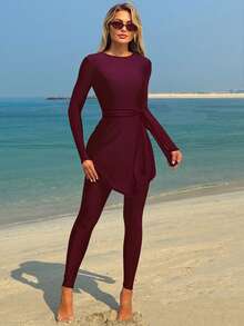 女士撞色绑带长袖端庄优雅泳衣套装，适合海滩度假