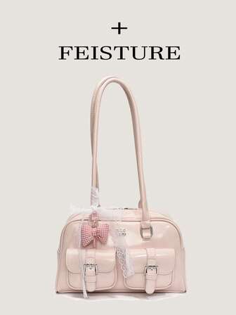 1pc FEISTURE Multifunctional Shoulder Bag With Pockets And Bow Decor, Zipper Closure, Suitable For Everyday, Dates, Commute