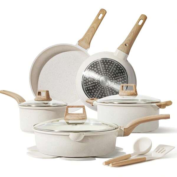 Keramik-Kochgeschirr-Set mit antihaftbeschichtung, und eine einzelne flachbodige Pfanne, gesunder Topf und flachbodig Topfset, Küchenkochtopf-Set, mit einem kühlen Griff um es kühl zu halten, Weißer Granit-Beschichtung