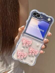 粉色蝴蝶结仿珍珠装饰 Galaxy Z Flip 6/5/4/3 可折叠手机壳，硅胶防震保护套，轻巧奢华时尚防水防摔防刮 - 無色 - 查看 10