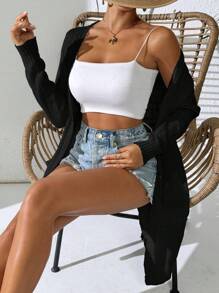 Women's Lightweight Solid Color Long Sleeve Dual Pocket Open Front Casual Long Cover Up, Spring/Summer