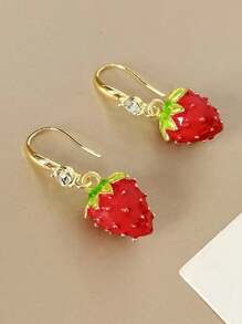 1 Pair Women Elegant Cute 3D Strawberry With Rhinestone Earrings