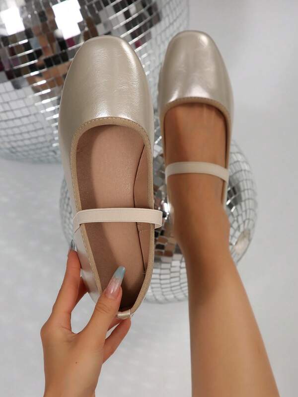 Women All Season Square Toe Elastic Band Slip-On Flat Shoes, Gold-Color