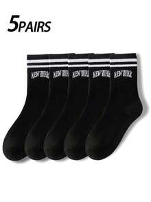 2 双女式纯色条纹字母印花中筒袜，简约时尚百搭柔软舒适吸湿排汗，适合返校季 - 彩色 - 查看 12