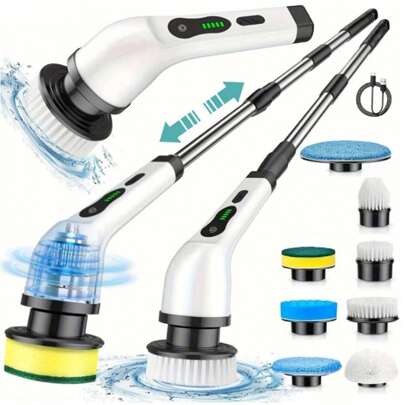 Limpiador rotativo eléctrico, un cepillo de limpieza inalámbrico adecuado para uso doméstico, con dos velocidades de limpieza, cabezal de cepillo reemplazable y mango de extensión ajustable, que permite la limpieza inalámbrica de 360 grados de baños, bañeras, duchas, ventanas de automóviles, azulejos y pisos, cepillo de limpieza automático